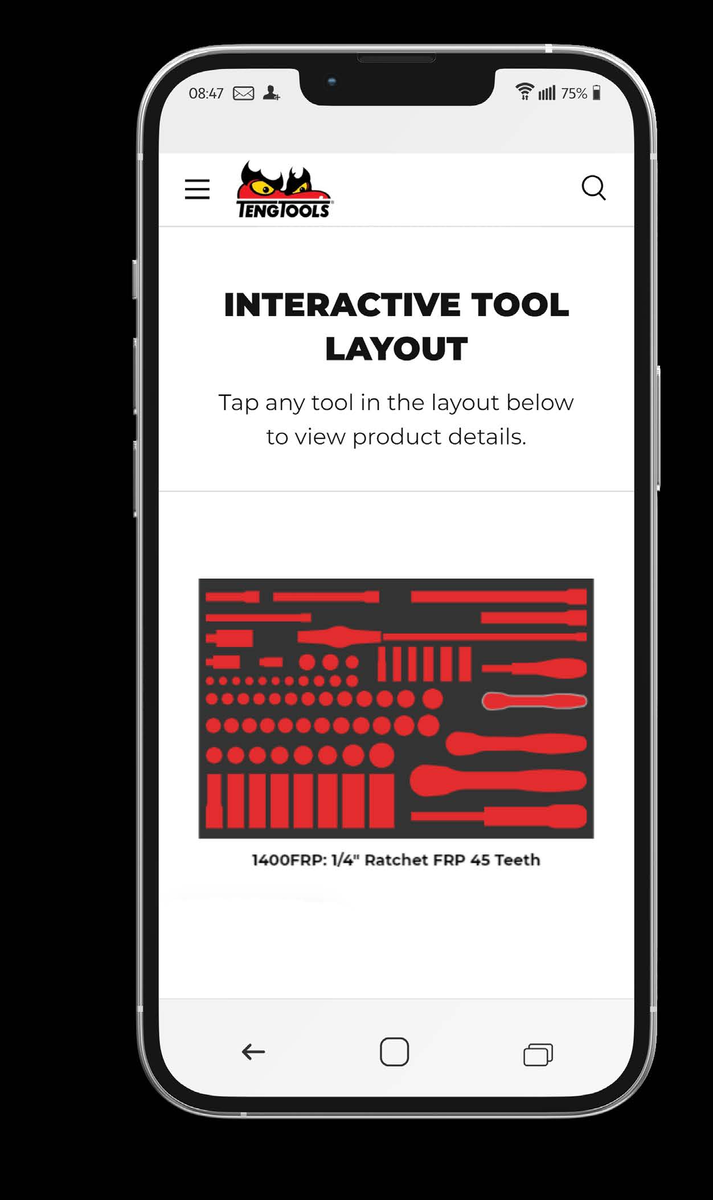 KIT app on a phone showing the interactive tool layout of a Teng Tools drawer