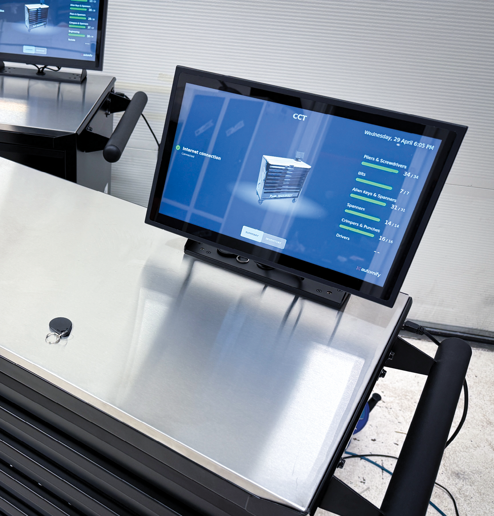 Stainless steel top of a Teng Tools Smart Box cabinet with the inventory touchscreen and an RFID key fob
