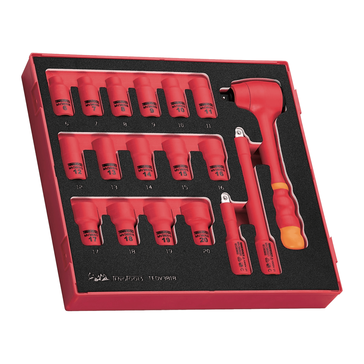 Teng Tools 18 Piece 3/8 Inch Drive Metric 6 Point 1000 Volt Shallow In