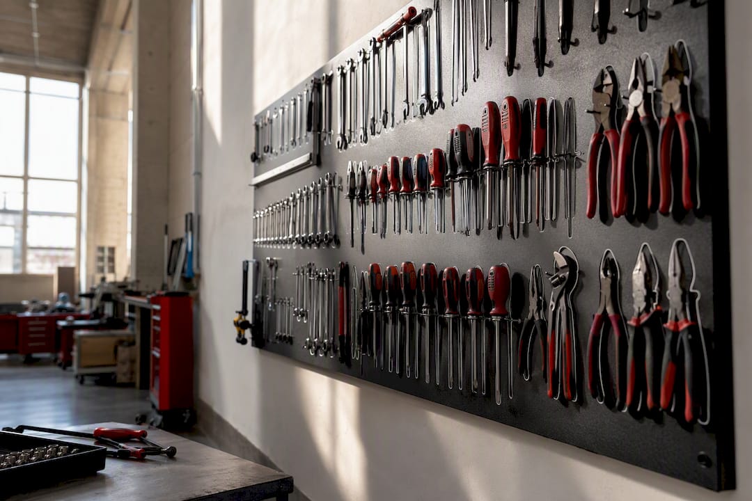 Vertical shadow board in mechanic shop