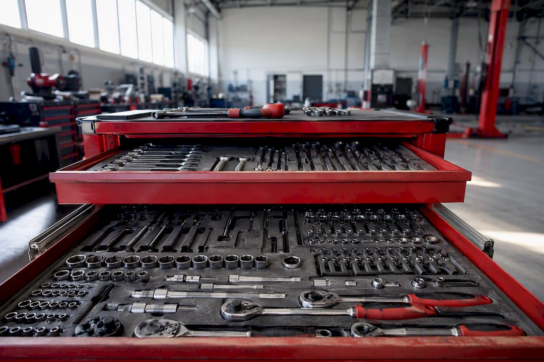 Open organized red tool chest with foam trays
