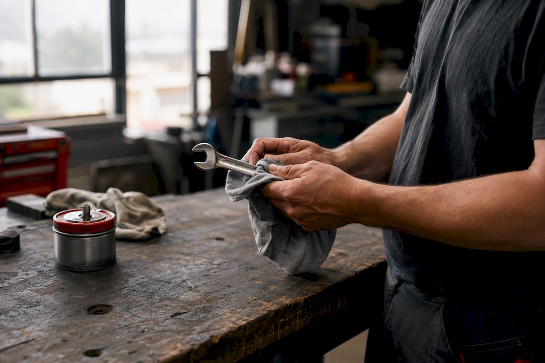 Hands cleaning wrench with cloth on workbench