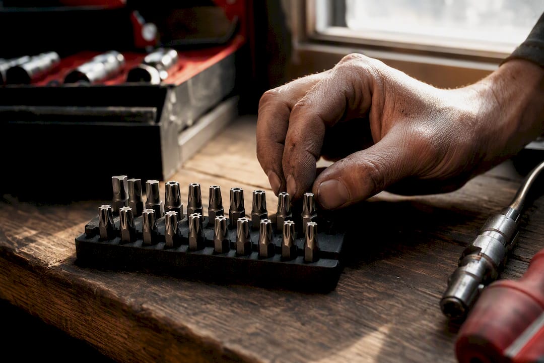 Close-up of Torx and security Torx bits in hand