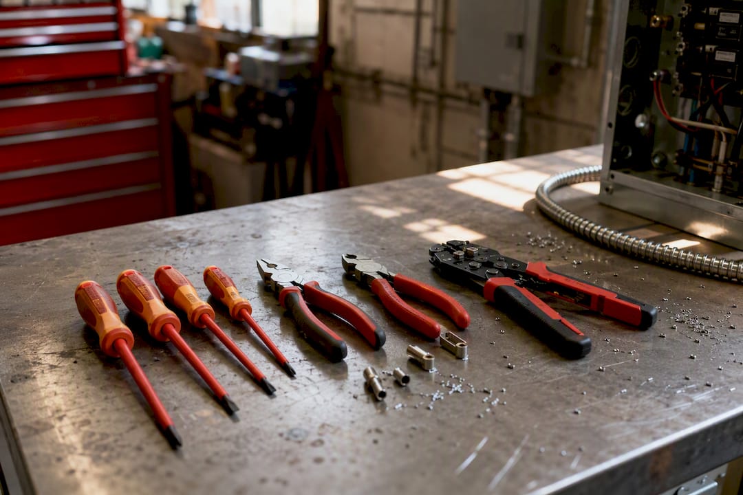Electrician hand tools laid out on bench