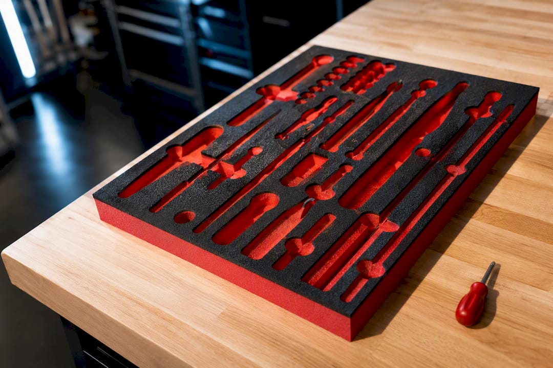 Two-tone foam tray with tool profiles