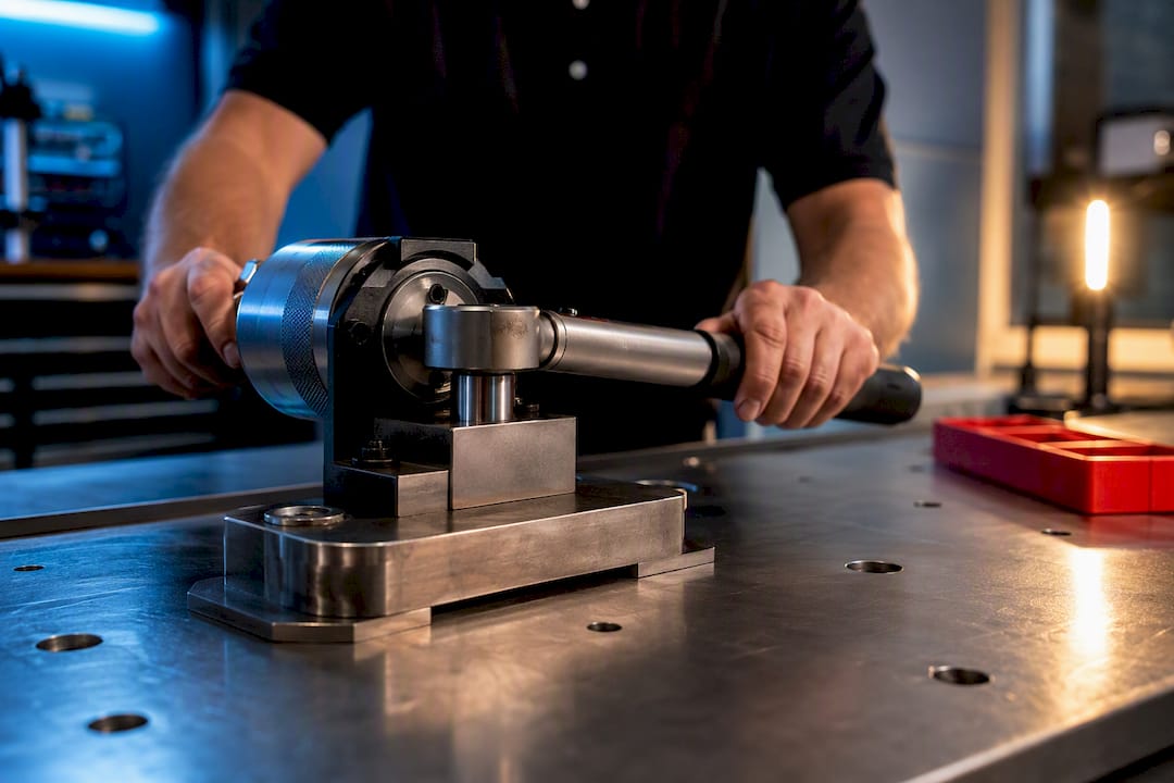 Technician verifying torque tool on calibration bench
