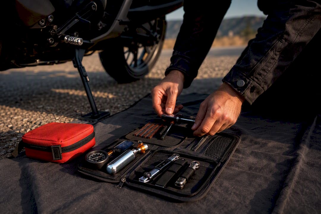 Compact motorcycle roadside repair kit beside bike