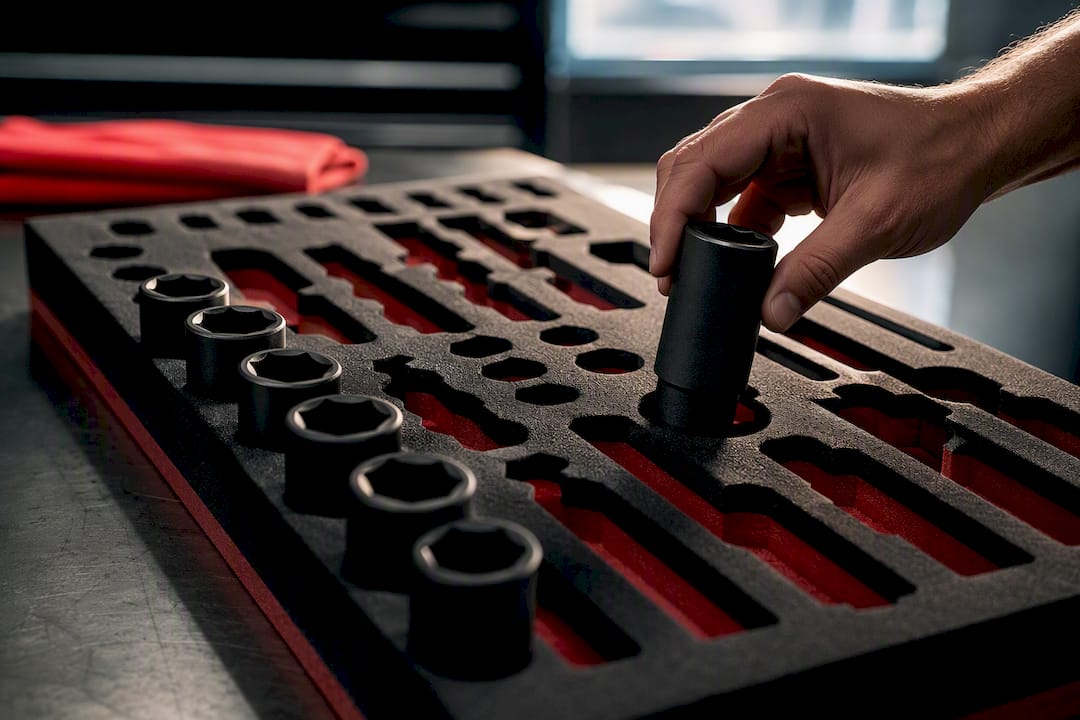 Foam shadow board holding organized sockets