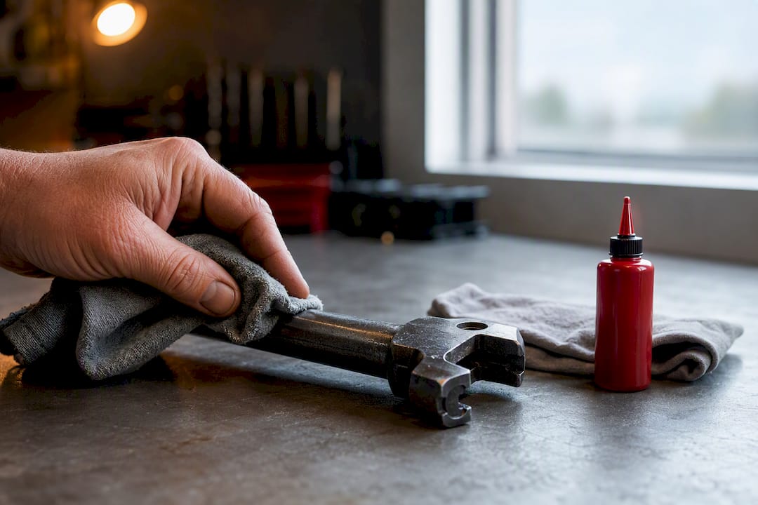 Hand wiping oil onto steel tool