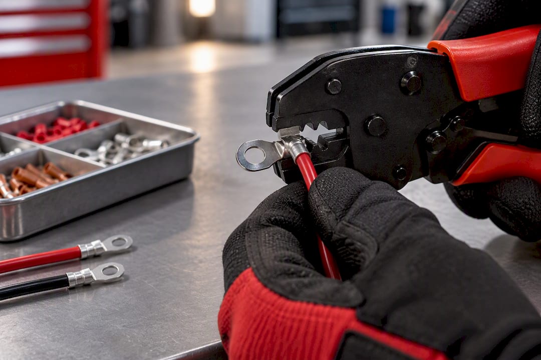 Ratcheting crimper compressing wire terminal