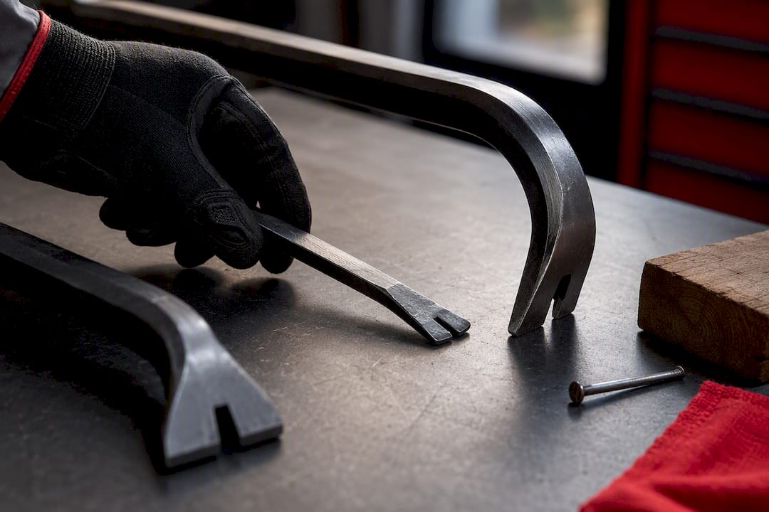 Pry bar and crowbar ends on workshop bench