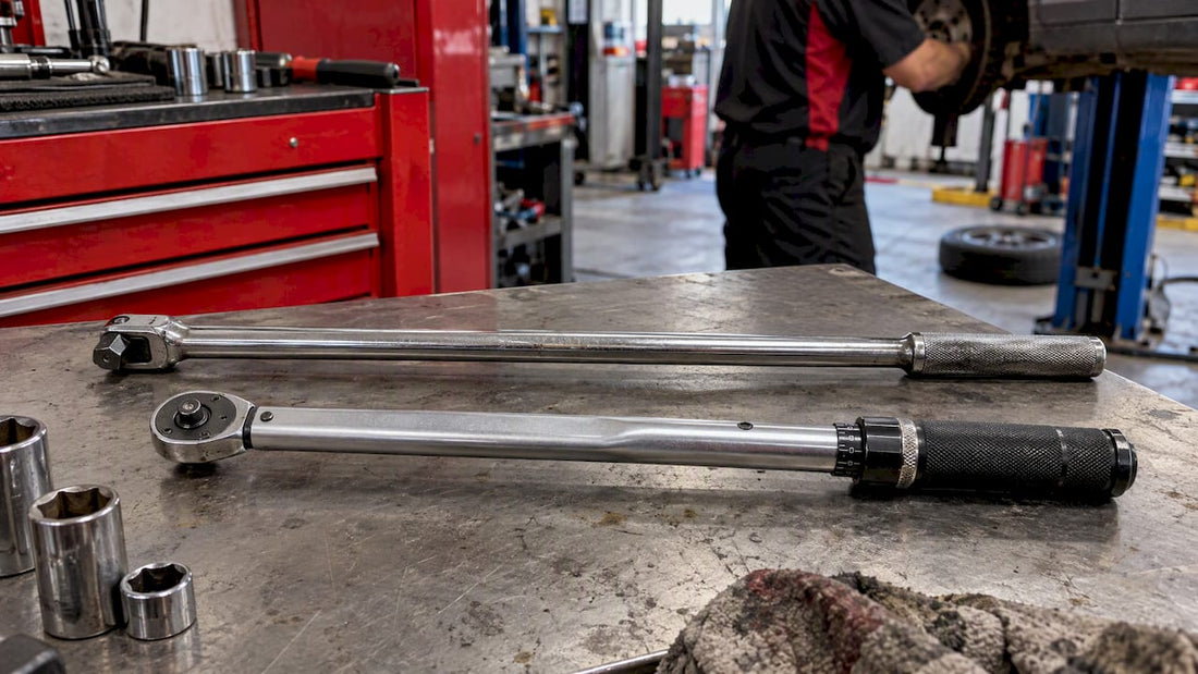 Breaker bar and torque wrench on workbench