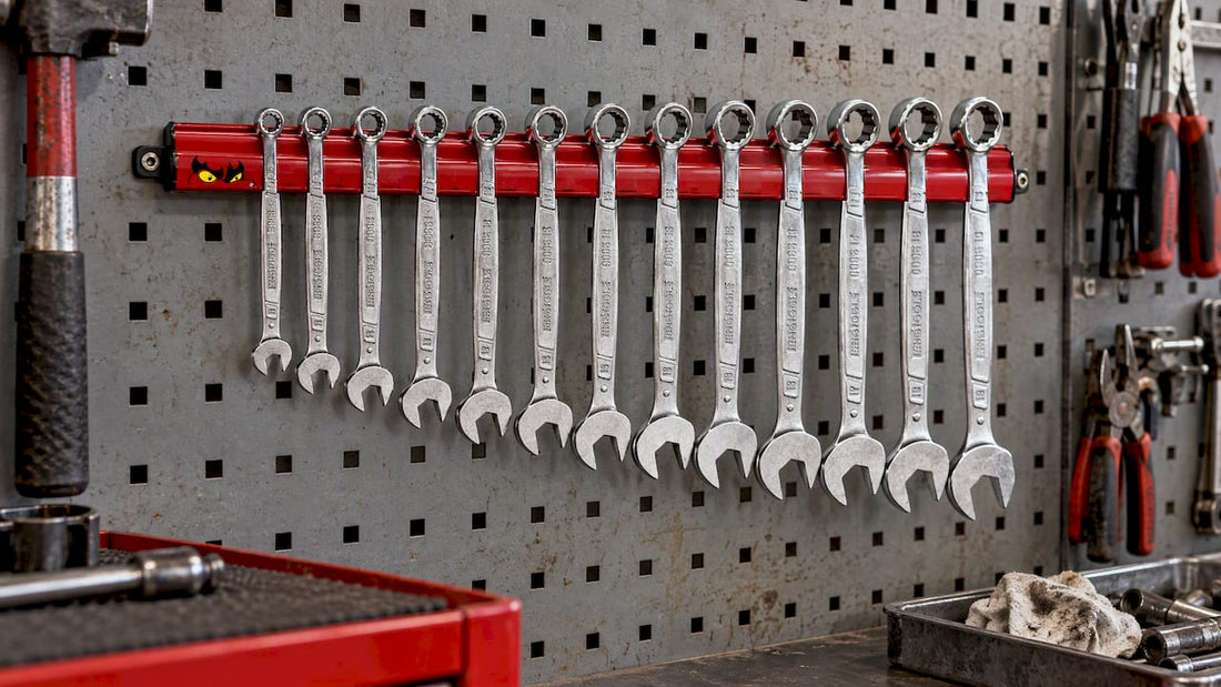 Teng Tools 12-piece wrench set on wall rack