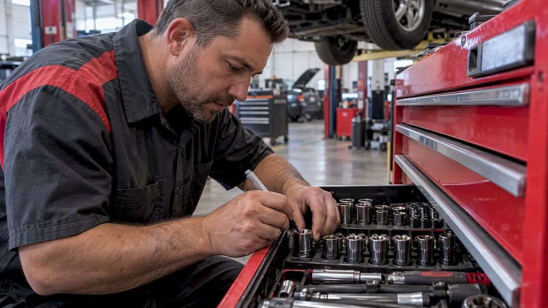 Mechanic marking a socket in its assigned tray slot