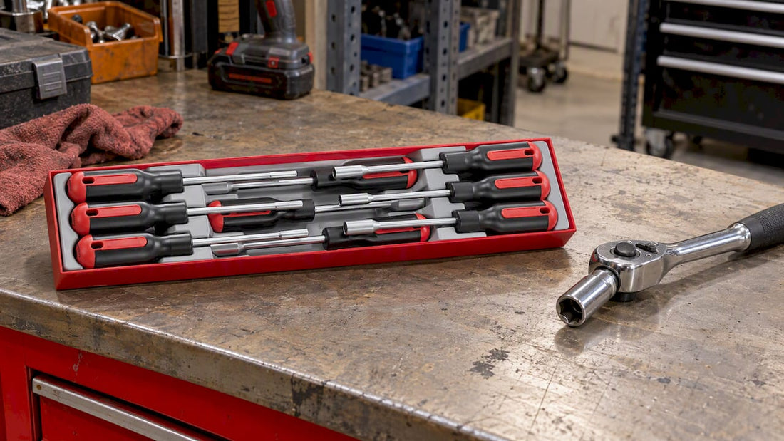 Teng nut driver set beside a socket ratchet