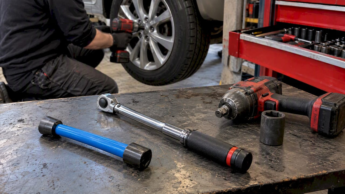 Torque stick and torque wrench beside impact wrench
