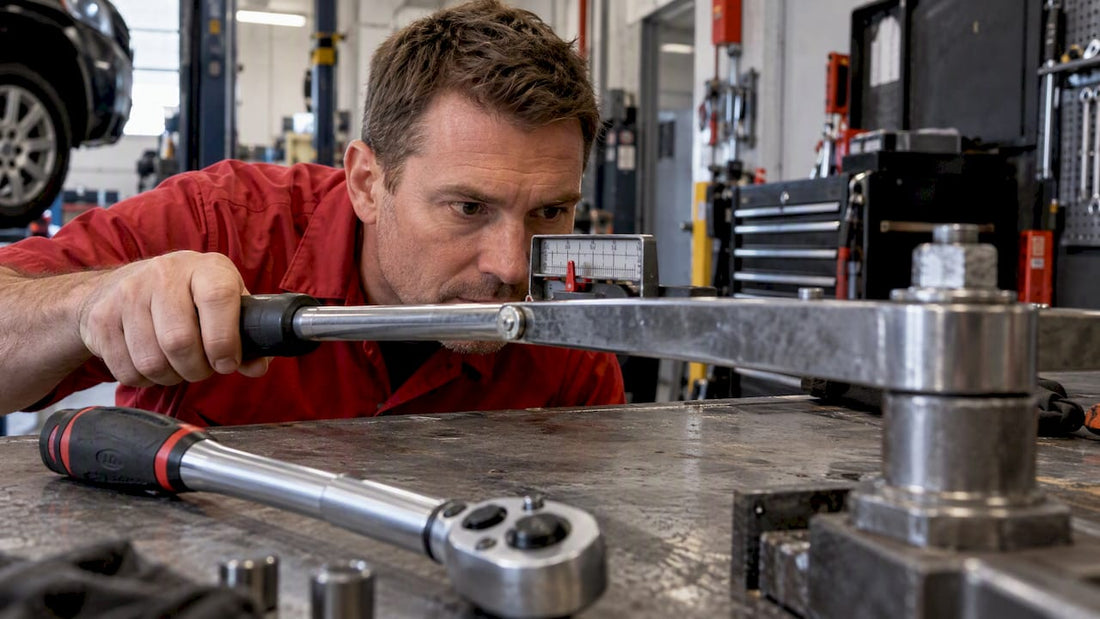 Mechanic reading a beam wrench beside a click wrench