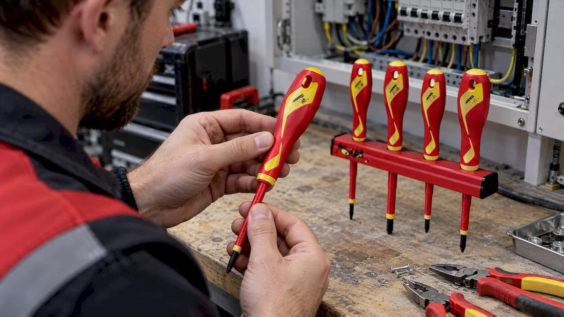 Electrician checking markings on insulated screwdrivers