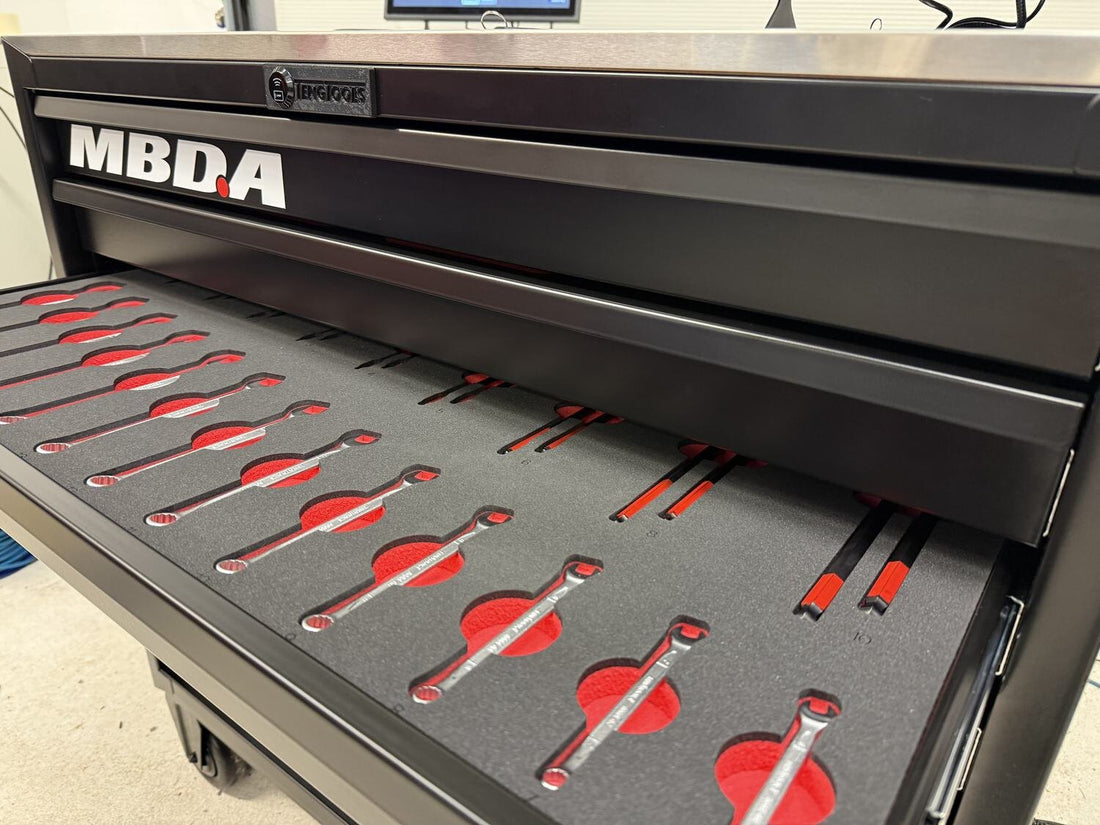 A spanner drawer in Teng Tools two-tone foam, with red foam showing where a pocket is empty