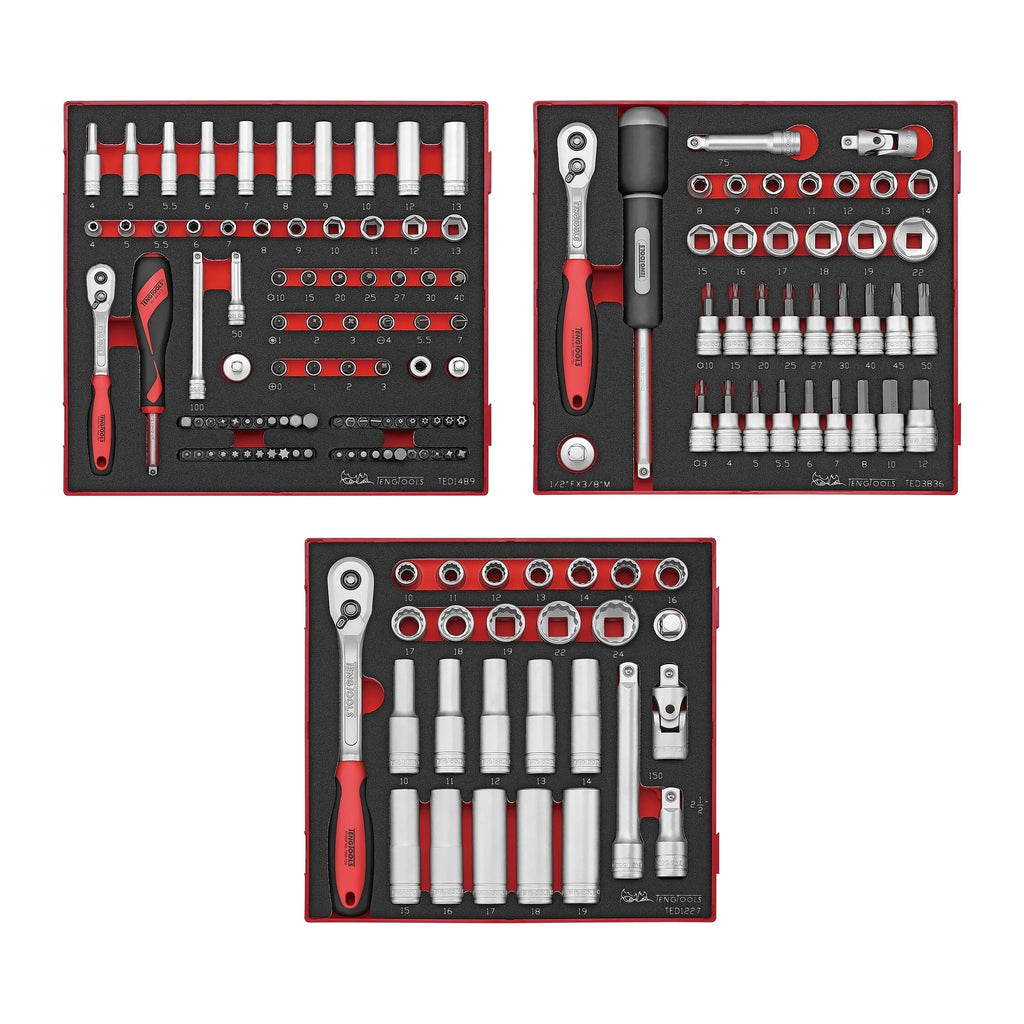 Teng Tools Metric Socket Sets in Foam, 1/4, 3/8 and 1/2 Inch Drive, bundle contents - BDL-SOCKET-TRIO