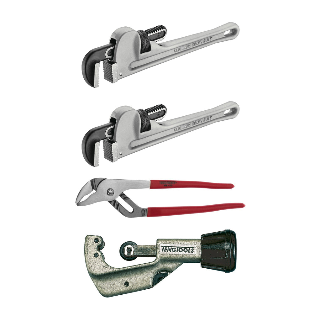 Teng Tools Plumber Set: Two Pipe Wrenches, Water Pump Plier and Tube Cutter, bundle contents - BDL-PLUMBER