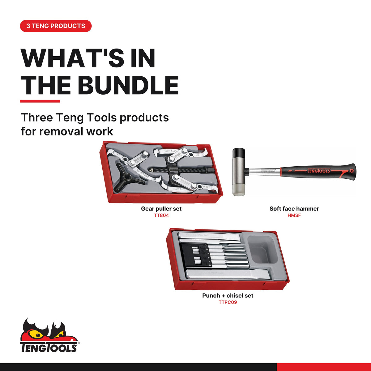 Teng Tools Bearing and Gear Removal Set: Gear Pullers, Soft Face Hammer and Punches and Chisels, what's in the bundle - BDL-BEARING