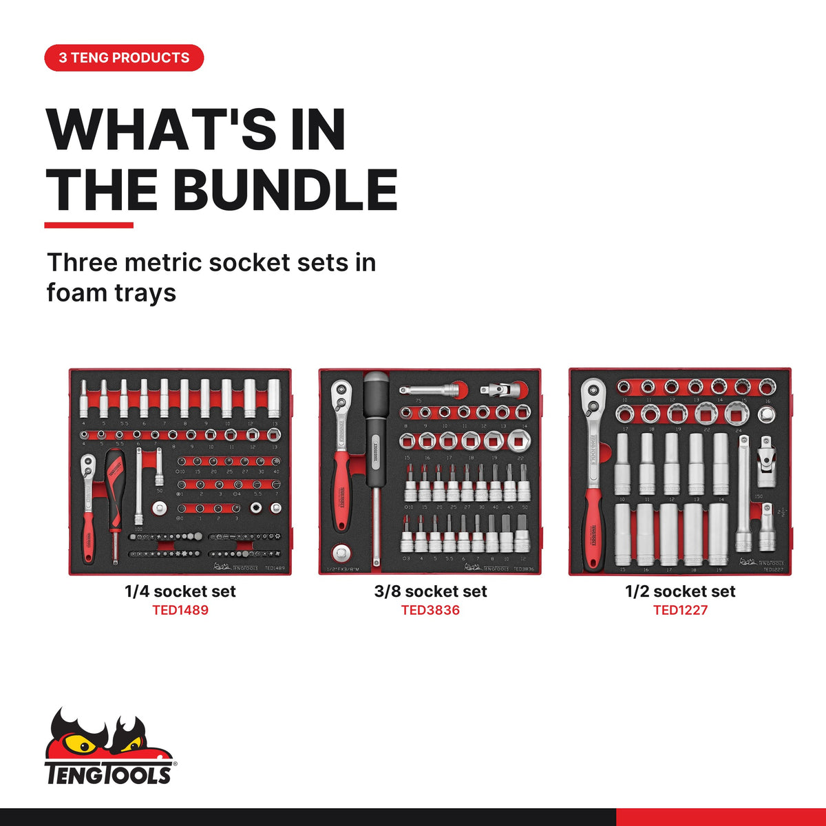 Teng Tools Metric Socket Sets in Foam, 1/4, 3/8 and 1/2 Inch Drive, what's in the bundle - BDL-SOCKET-TRIO