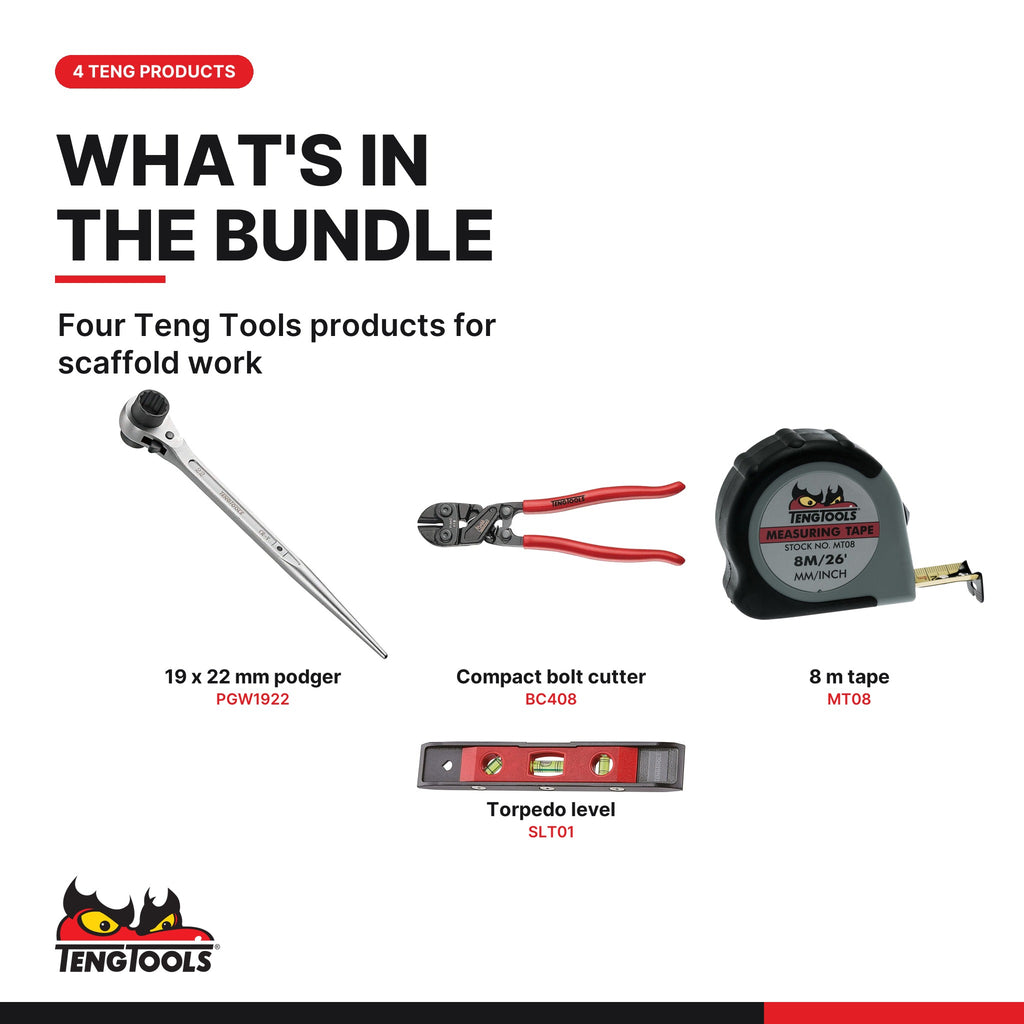 Teng Tools Scaffolder Set: 19 x 22 mm Ratcheting Podger, Compact Bolt Cutter, Tape and Level, what's in the bundle - BDL-SCAFFOLD