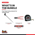 Teng Tools Scaffolder Set: 19 x 22 mm Ratcheting Podger, Compact Bolt Cutter, Tape and Level, what's in the bundle - BDL-SCAFFOLD
