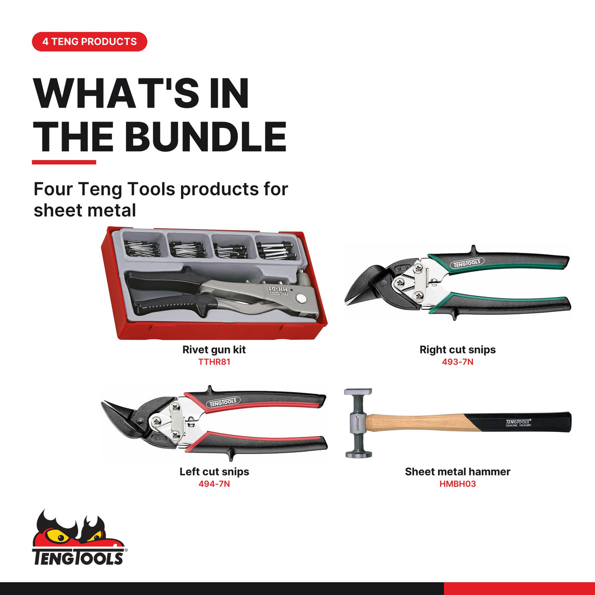 Teng Tools Sheet Metal Set: Rivet Gun, Left and Right Cut Snips and Sheet Metal Hammer, what's in the bundle - BDL-SHEETMETAL