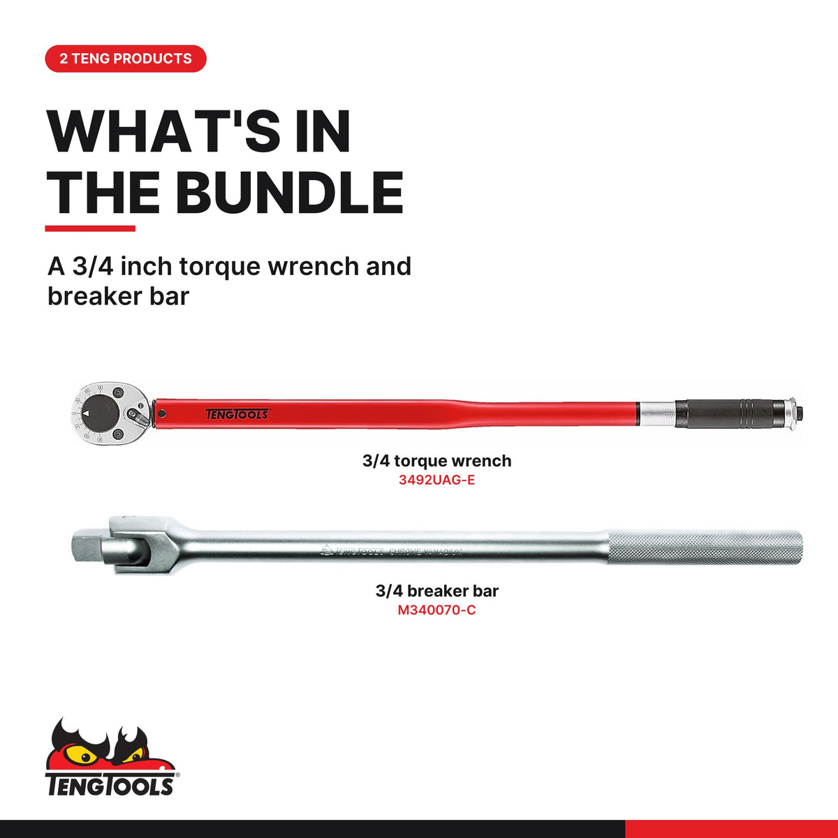 Teng Tools Heavy Duty 3/4 Inch Drive Set: 50 to 300 ft-lb Torque Wrench and 19 Inch Breaker Bar, what's in the bundle - BDL-HEAVY34
