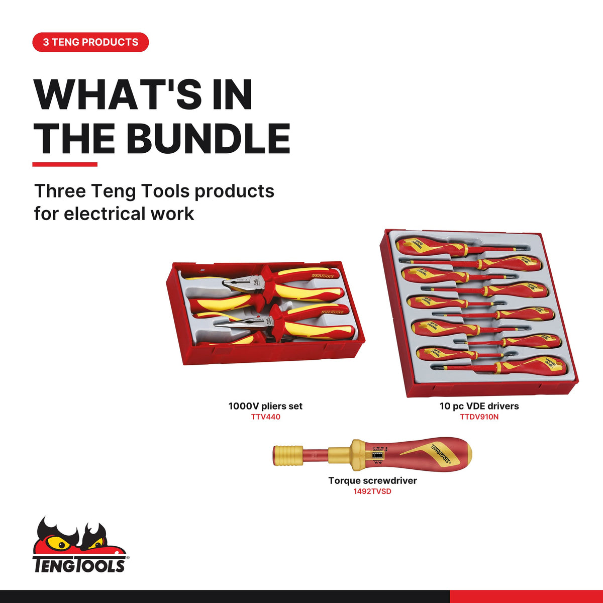 Teng Tools Electrician Starter Set: 1000V Pliers, VDE Screwdrivers and Insulated Torque Screwdriver, what's in the bundle - BDL-ELEC-START