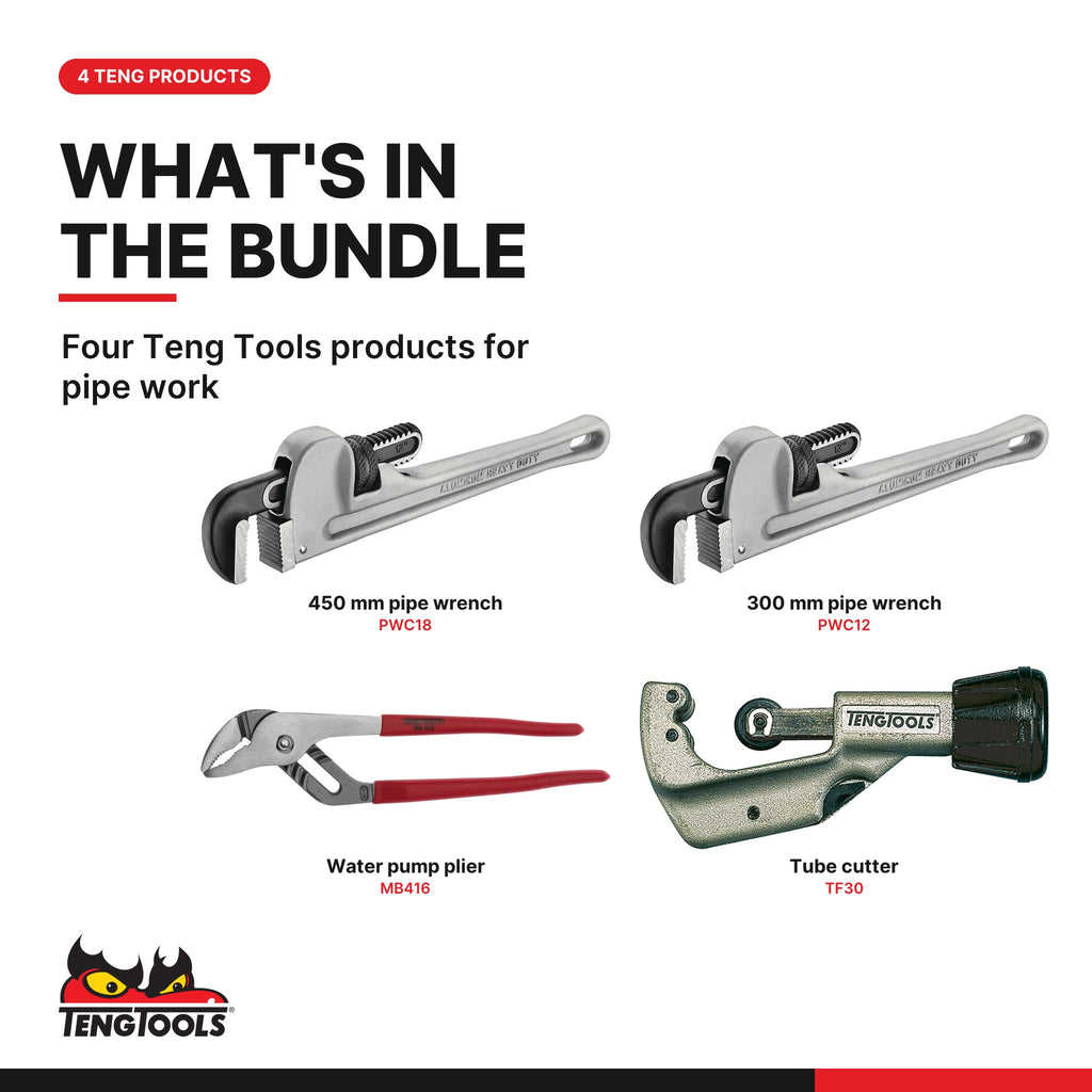 Teng Tools Plumber Set: Two Pipe Wrenches, Water Pump Plier and Tube Cutter, what's in the bundle - BDL-PLUMBER