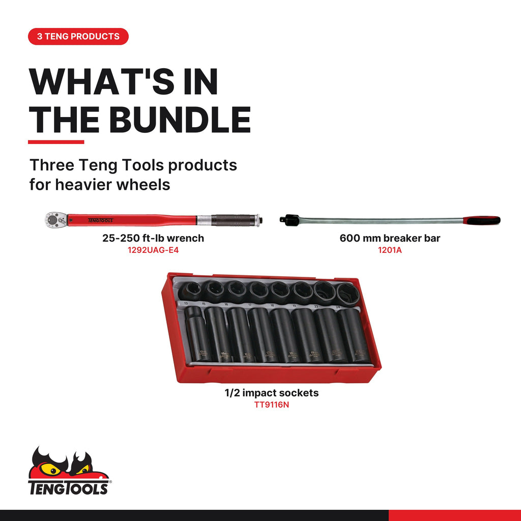 Teng Tools Heavy Wheel Nut Set: 25 to 250 ft-lb Torque Wrench, 600 mm Breaker Bar and Impact Sockets, what's in the bundle - BDL-WHEEL-TRUCK