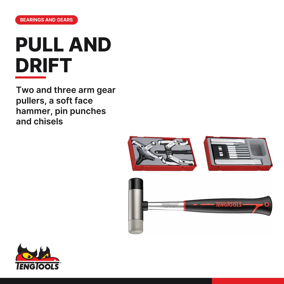 Teng Tools Bearing and Gear Removal Set: Gear Pullers, Soft Face Hammer and Punches and Chisels, built for the job - BDL-BEARING