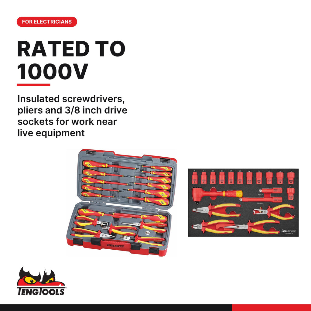 Teng Tools Electrician 1000V Set: Insulated Screwdrivers, Pliers and 3/8 Inch Drive Sockets, built for the job - BDL-ELEC-PRO