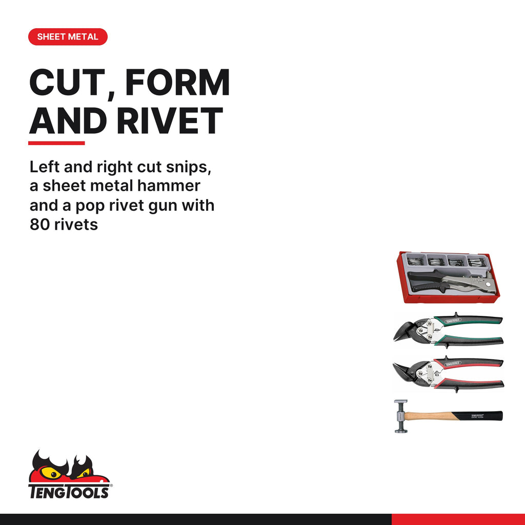 Teng Tools Sheet Metal Set: Rivet Gun, Left and Right Cut Snips and Sheet Metal Hammer, built for the job - BDL-SHEETMETAL