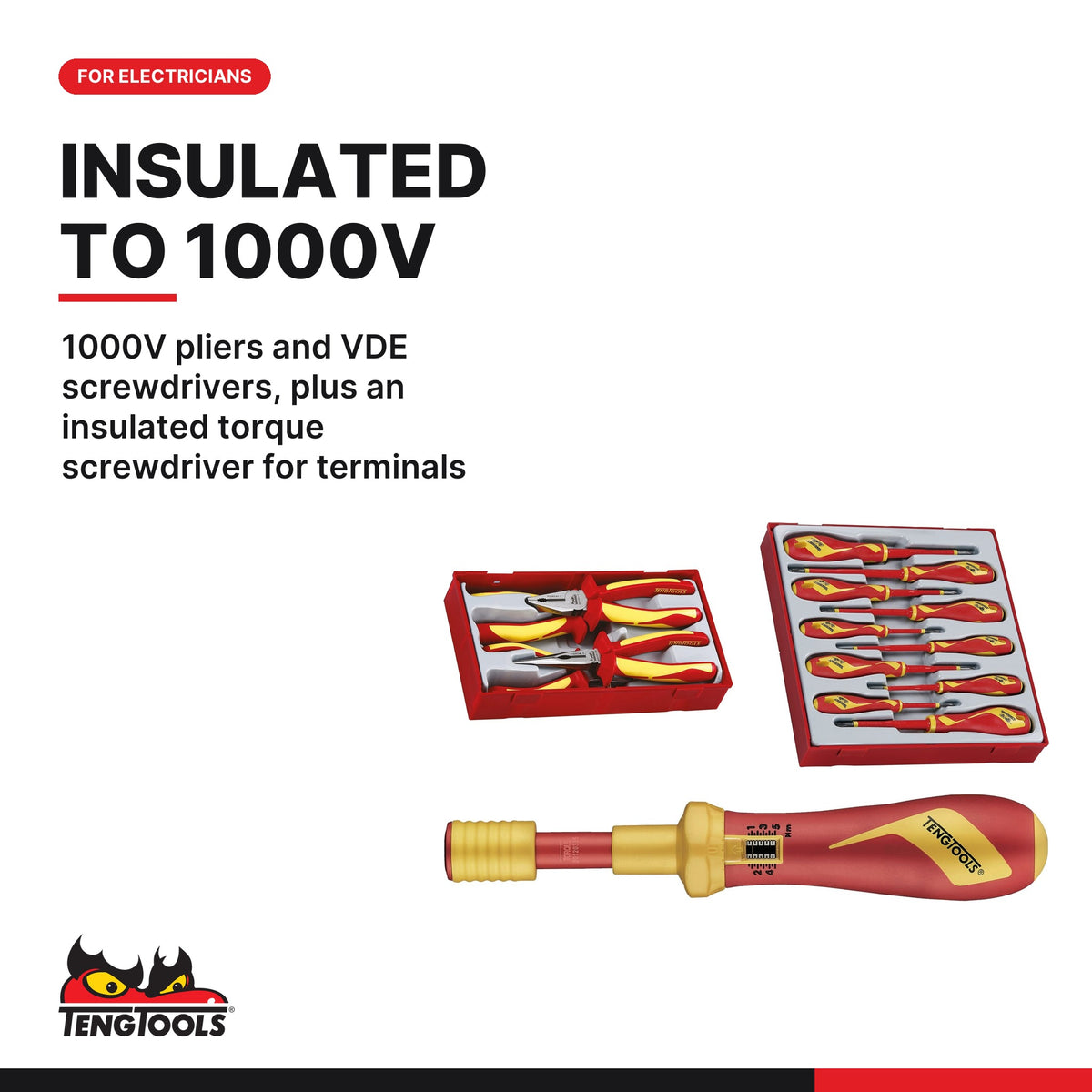 Teng Tools Electrician Starter Set: 1000V Pliers, VDE Screwdrivers and Insulated Torque Screwdriver, built for the job - BDL-ELEC-START