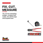 Teng Tools Scaffolder Set: 19 x 22 mm Ratcheting Podger, Compact Bolt Cutter, Tape and Level, built for the job - BDL-SCAFFOLD