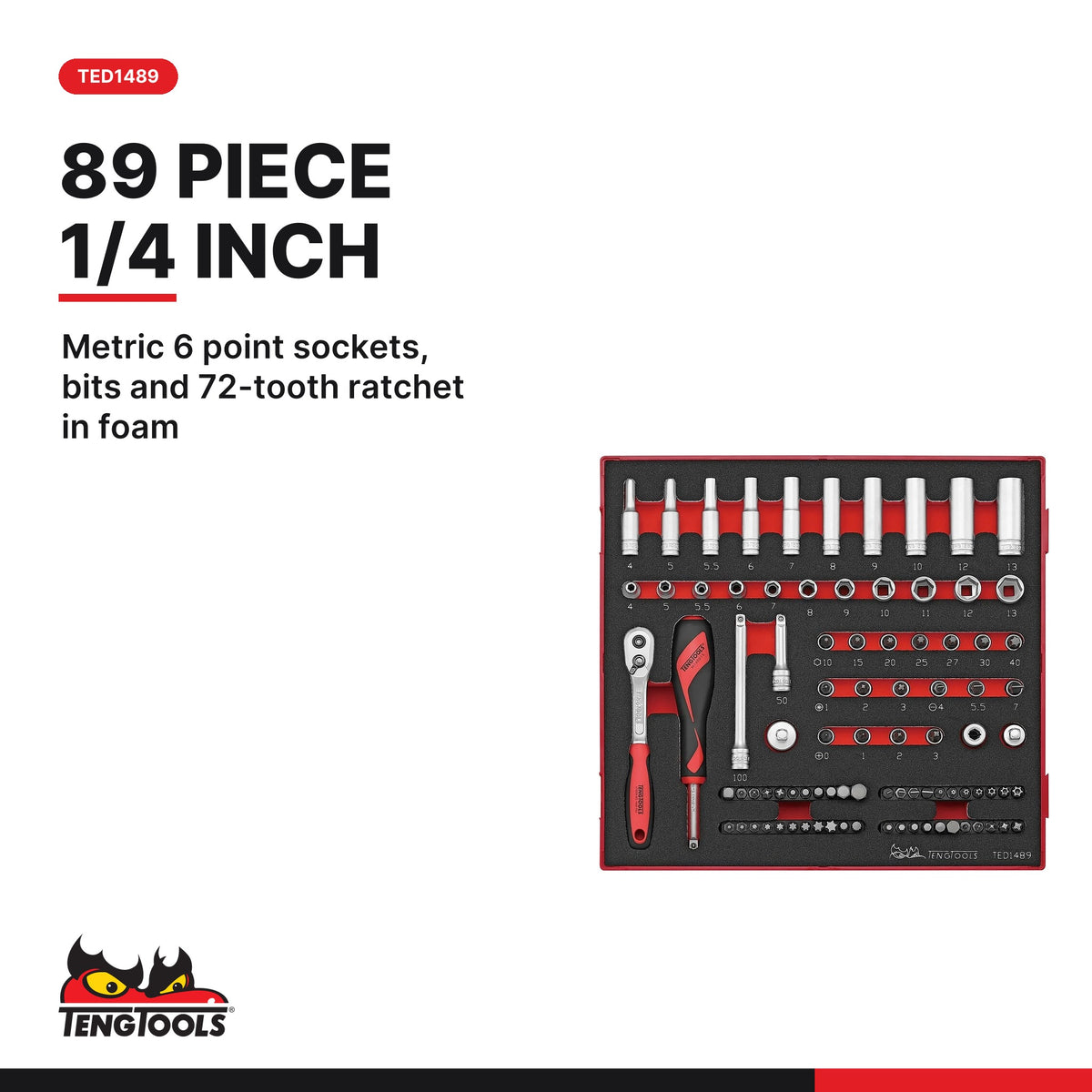 Teng Tools Metric Socket Sets in Foam, 1/4, 3/8 and 1/2 Inch Drive, TED1489 card - BDL-SOCKET-TRIO