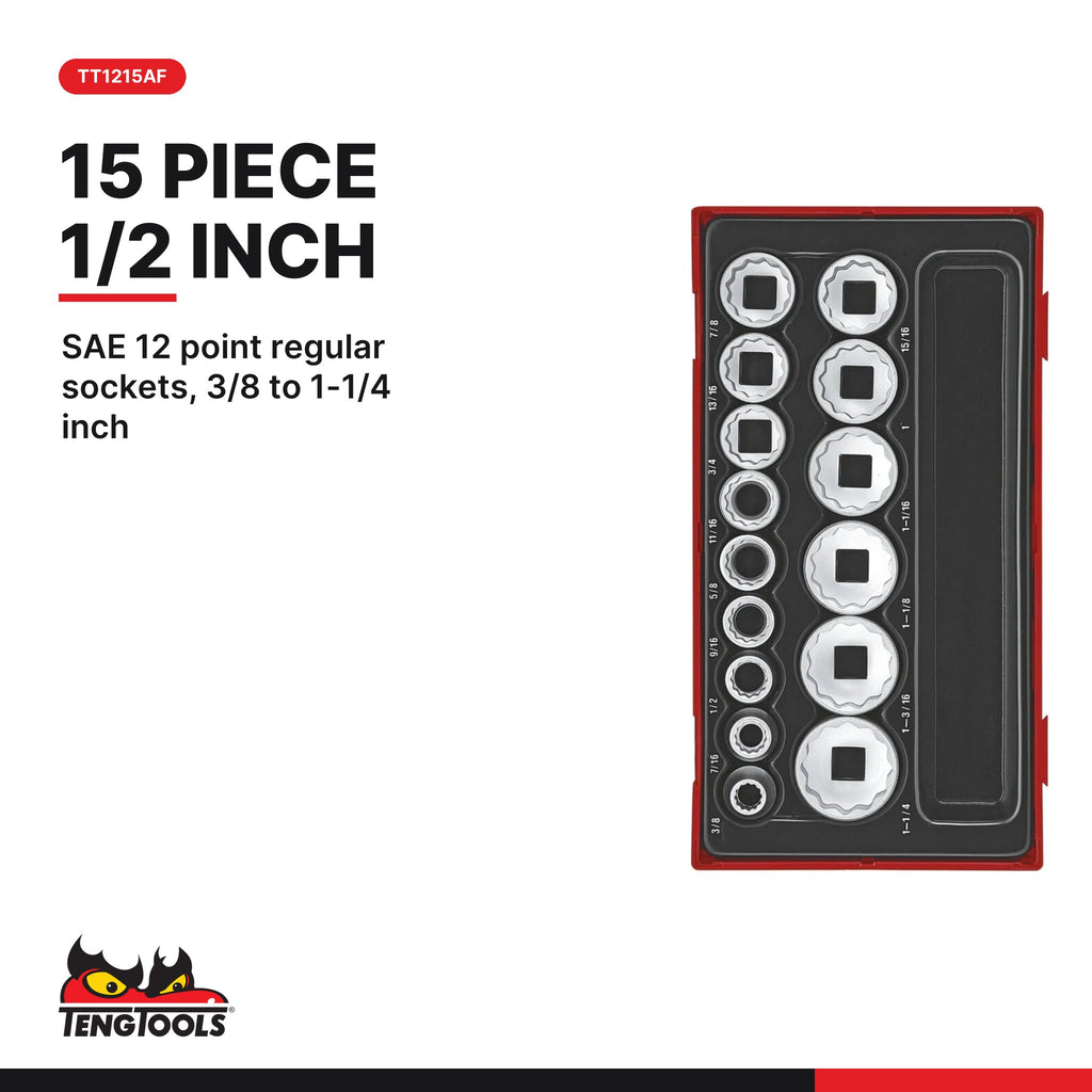 Teng Tools SAE Socket Sets, 1/4, 3/8 and 1/2 Inch Drive, TT1215AF card - BDL-SAE-SOCKETS