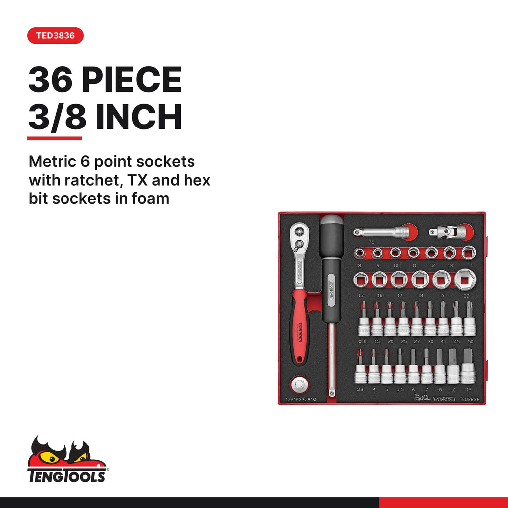 Teng Tools Metric Socket Sets in Foam, 1/4, 3/8 and 1/2 Inch Drive, TED3836 card - BDL-SOCKET-TRIO