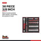 Teng Tools Metric Socket Sets in Foam, 1/4, 3/8 and 1/2 Inch Drive, TED3836 card - BDL-SOCKET-TRIO