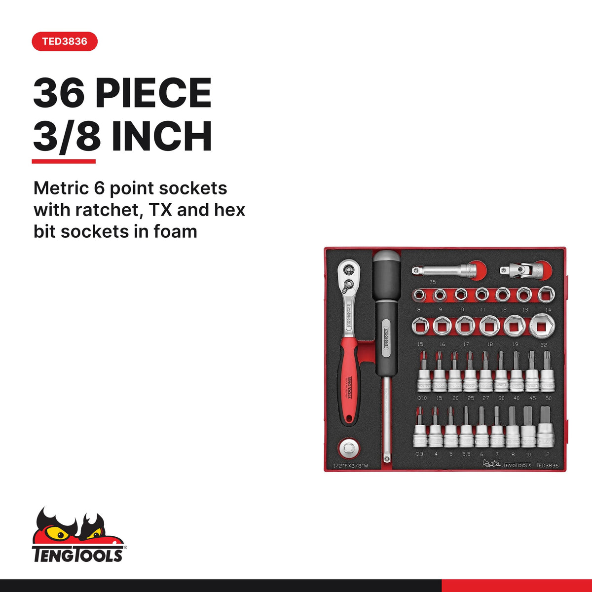 Teng Tools Metric Socket Sets in Foam, 1/4, 3/8 and 1/2 Inch Drive, TED3836 card - BDL-SOCKET-TRIO