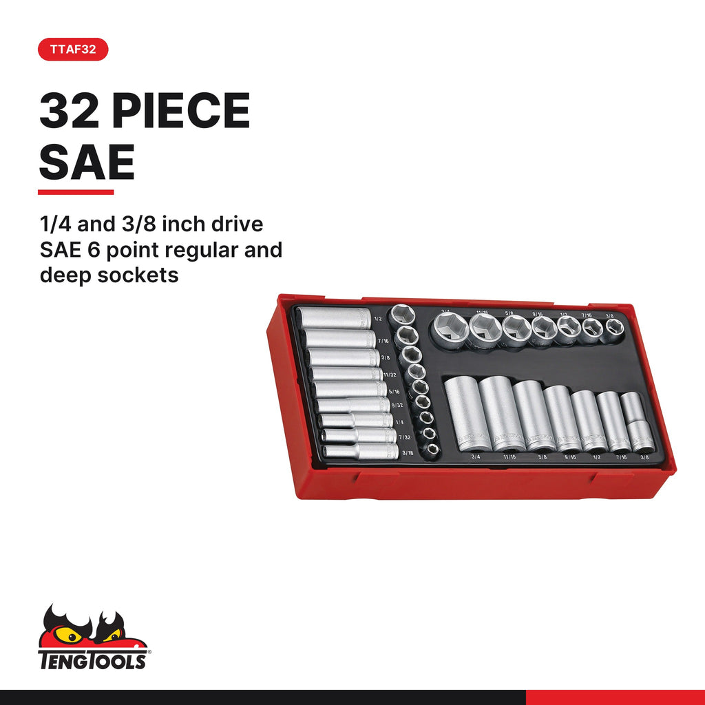 Teng Tools SAE Socket Sets, 1/4, 3/8 and 1/2 Inch Drive, TTAF32 card - BDL-SAE-SOCKETS
