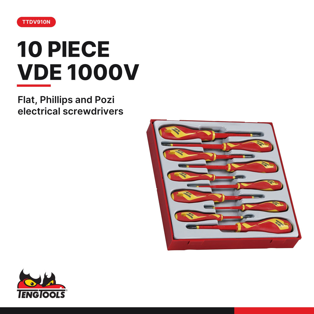 Teng Tools Electrician Starter Set: 1000V Pliers, VDE Screwdrivers and Insulated Torque Screwdriver, TTDV910N card - BDL-ELEC-START