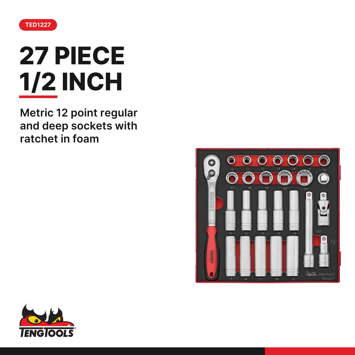 Teng Tools Metric Socket Sets in Foam, 1/4, 3/8 and 1/2 Inch Drive, TED1227 card - BDL-SOCKET-TRIO