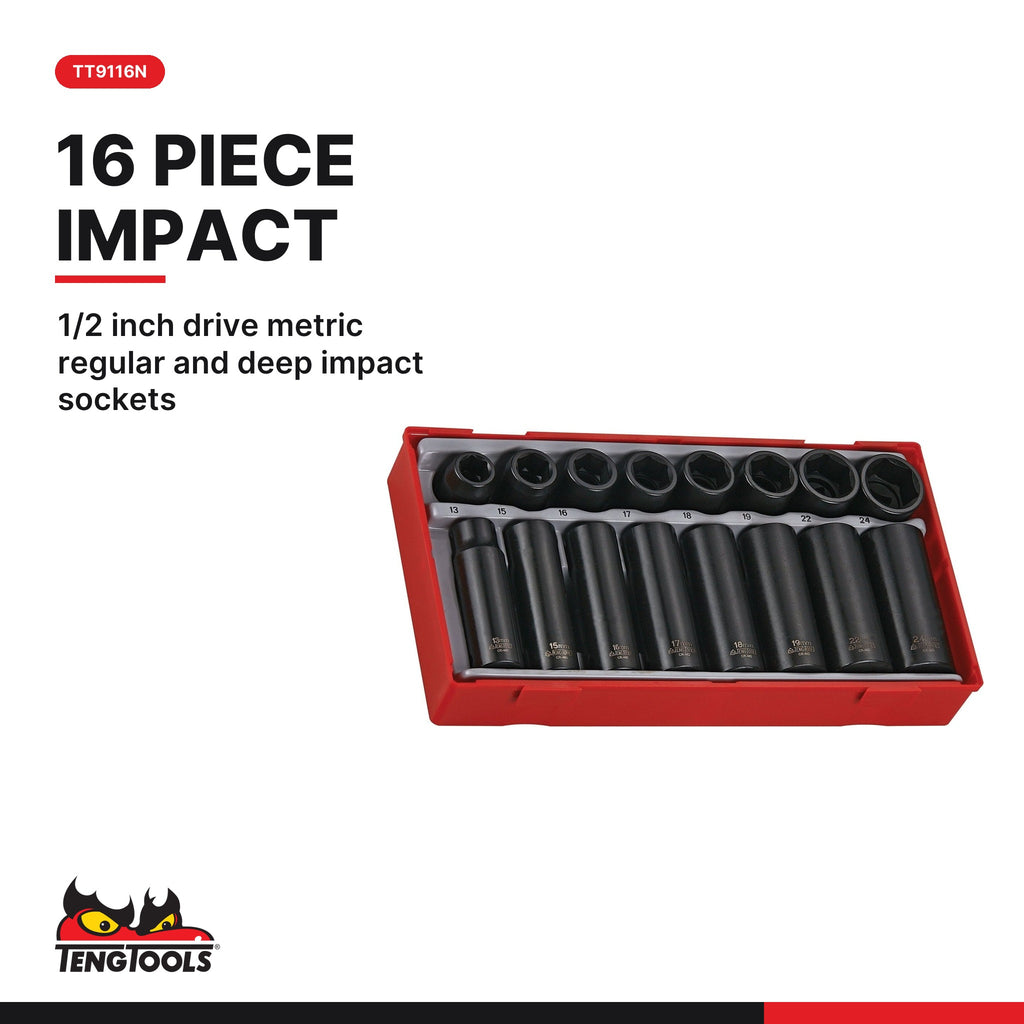 Teng Tools Heavy Wheel Nut Set: 25 to 250 ft-lb Torque Wrench, 600 mm Breaker Bar and Impact Sockets, TT9116N card - BDL-WHEEL-TRUCK
