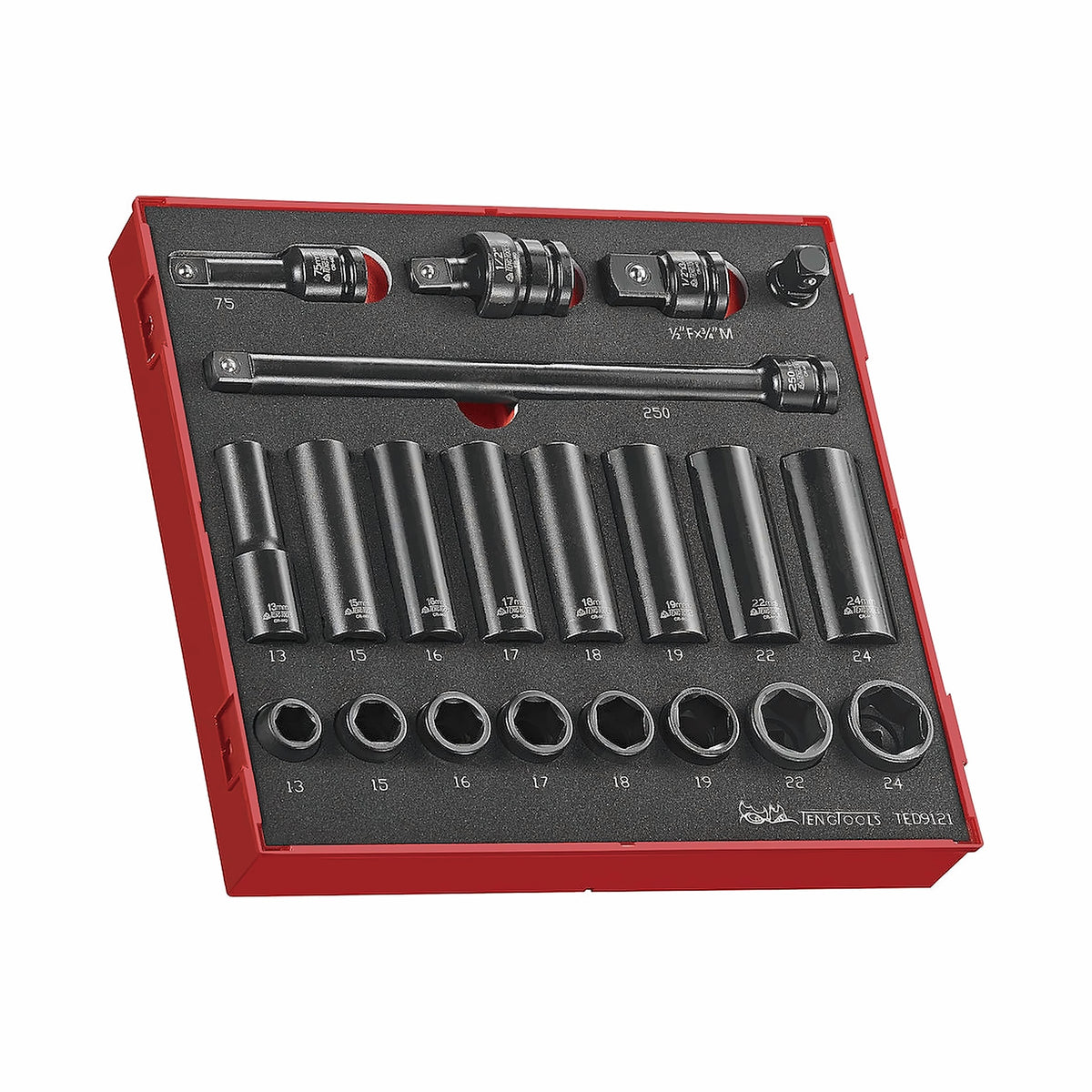 Teng Tools TED9121 21 Piece 1/2 Drive CrMo Impact ANSI Metric Socket on a white background