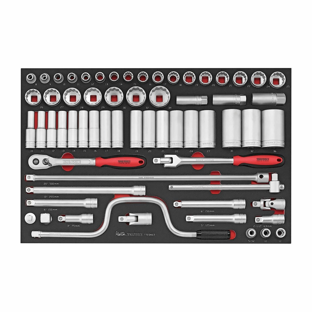 Teng Tools TTESK63 1/2" Socket Set 12 pt FOAM4X4 63 Pieces on a white background
